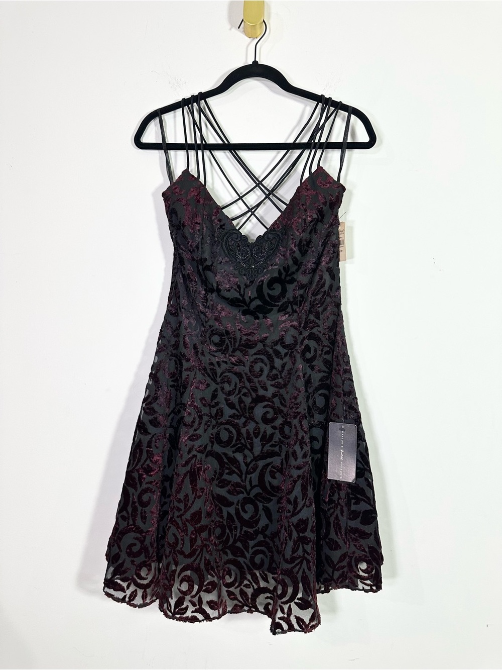 Jessica McClintock Gunne Sax Vintage Black Burgundy Burnt Out Velvet Mini Dress